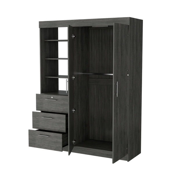 English Elm Smokey Oak Armoire with 2 Doors, 2 Hanging Rods, 3 Drawers & Shelves — Spacious 79" H Storage Solution B062S00552
