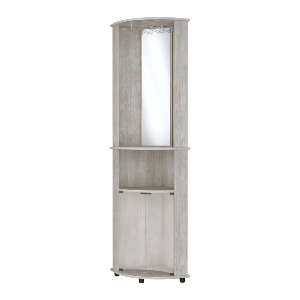 English Elm Concrete 3-Tier Corner Bar Cabinet In Stylish Gray - Elegant Storage With Wine Rack & Glass Doors B062P175171