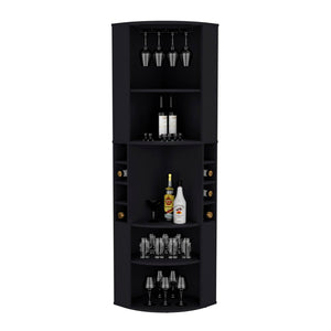 English Elm 71" Corner Bar Cabinet with Eight Bottle Cubbies Five Shelves White Laminate Finish B097S00083