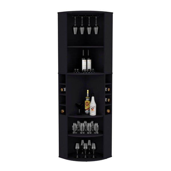 English Elm 71" Corner Bar Cabinet with Eight Bottle Cubbies Five Shelves White Laminate Finish B097S00083