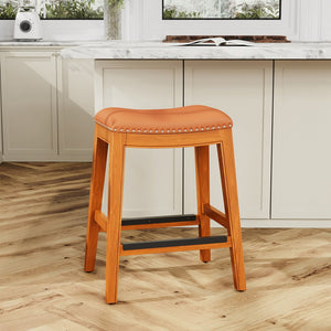 English Elm 24" Counter Stool Saddle Leather Seat — Solid Hardwood Frame, Nailhead Trim, Metal Footplates, Durable Finish B04660609