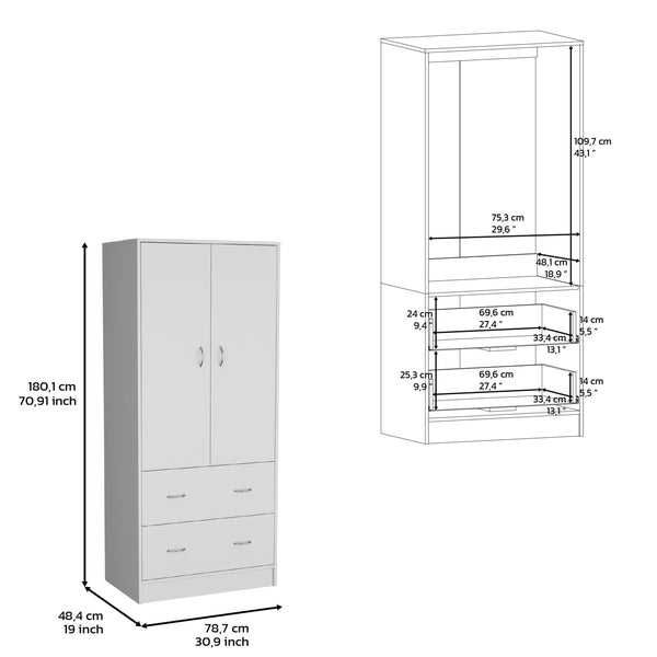 English Elm Armoire 71" H White - Compact 2-Door Closet with 2 Drawers, Hanging Rod, Durable MDP Finish B097S00072
