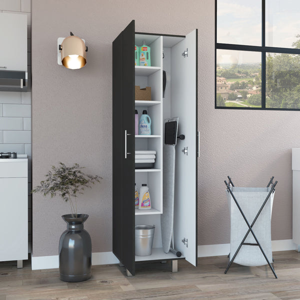 English Elm Nala Tall Cleaning Cabinet With Double Doors, 5 Shelves, Ideal For Narrow Spaces - Black/White Finish B070S00140