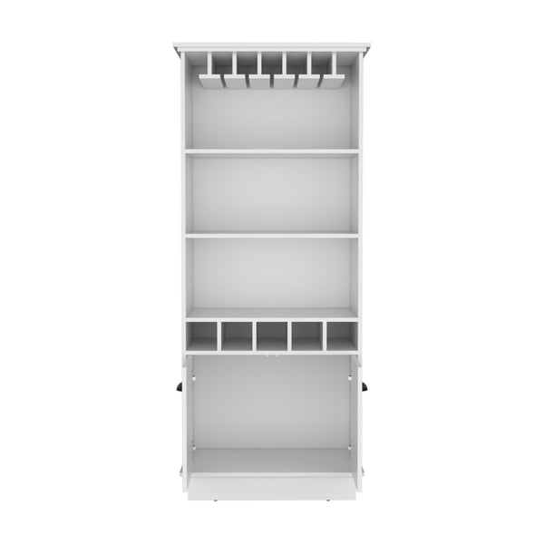 English Elm 70"h Tall Bar Cabinet with Wine Rack Glass Doors and Open Shelves for Dining Room White B097S00079