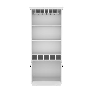 English Elm Dundee Tall White Bar Cabinet with Glass Panel Doors Open Cubbies and Display Shelves B200S00385