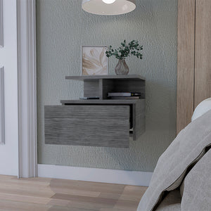 English Elm Smokey Floating Nightstand with Drawer & 2-Tier Shelf — Wall-Mountable, Compact Smokey Oak Storage Charm B062P175170