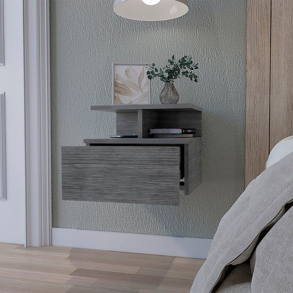 English Elm Smokey Floating Nightstand with Drawer & 2-Tier Shelf — Wall-Mountable, Compact Smokey Oak Storage Charm B062P175170
