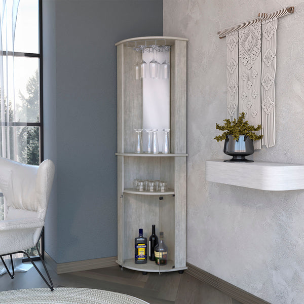 English Elm Concrete 3-Tier Corner Bar Cabinet In Stylish Gray - Elegant Storage With Wine Rack & Glass Doors B062P175171