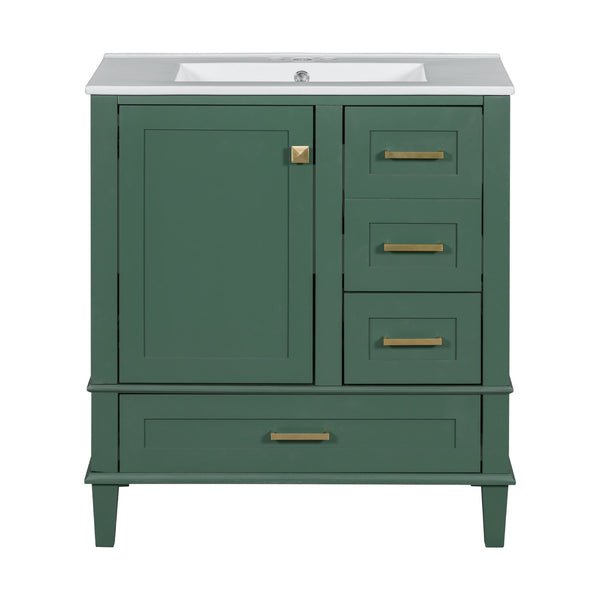 English Elm 30" Modern Bathroom Vanity with Solid Wood Frame, Ceramic Sink, Gold Handles & Soft-Close Storage Green WF321698AAF