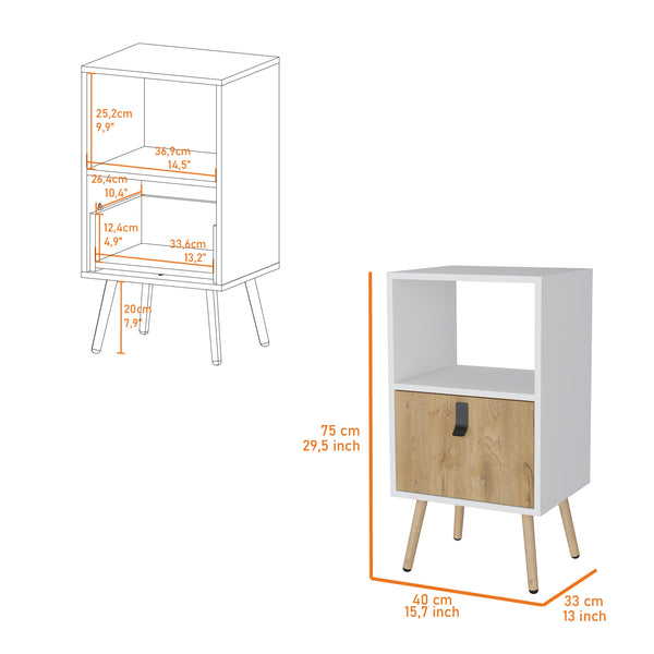 English Elm White Tall Nightstand with Macadamia Finish, Open Shelf & Deep Drawer on Wooden Legs for Bedrooms B062P175195
