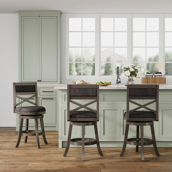 English Elm 24" Counter Height X-Back Swivel Stool - Weathered Gray, Charcoal Fabric & Stylish Comfort For Bars B04660722