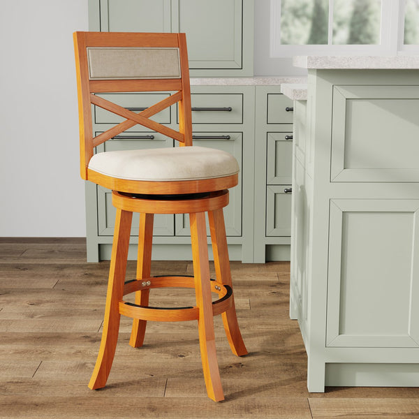 English Elm 30" Bar Height X-Back Swivel Stool - Classic Design, Beige Padded Seat, Durable Hardwood Frame B04660717
