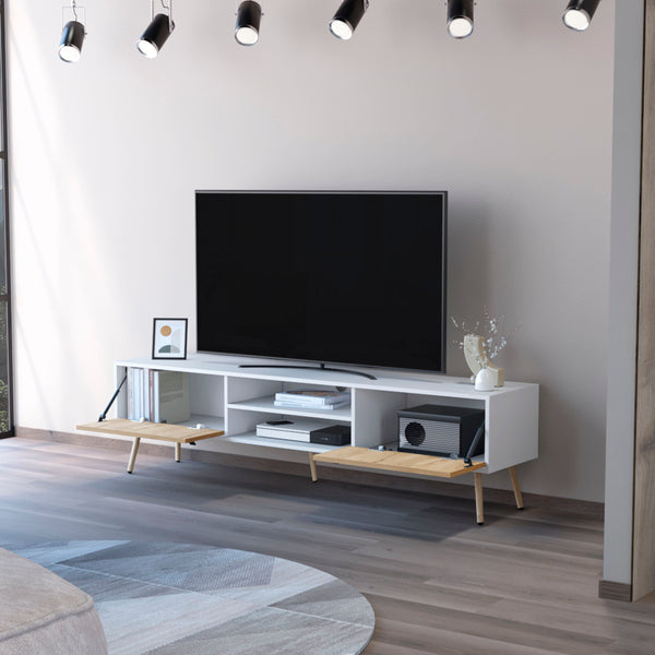 English Elm White White and Macadamia 2 Hinged Drawers TV Rack with Cable Management, Open Shelves, Modern Stand B062P175179