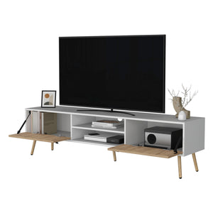 English Elm White White and Macadamia 2 Hinged Drawers TV Rack with Cable Management, Open Shelves, Modern Stand B062P175179