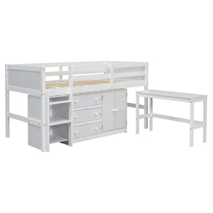 English Elm Twin Low Loft Bed with Pull Out Desk Drawers Cabinet and Shelves for Kids W697S00029