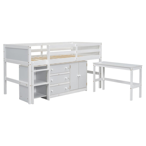English Elm Twin Low Loft Bed with Pull Out Desk Drawers Cabinet and Shelves for Kids W697S00029