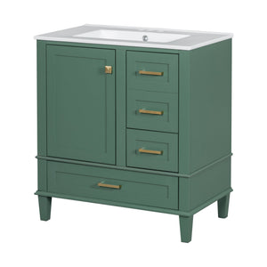 English Elm 30" Modern Bathroom Vanity with Solid Wood Frame, Ceramic Sink, Gold Handles & Soft-Close Storage Green WF321698AAF