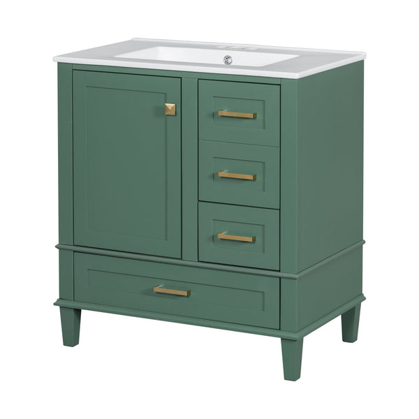 English Elm 30" Modern Bathroom Vanity with Solid Wood Frame, Ceramic Sink, Gold Handles & Soft-Close Storage Green WF321698AAF