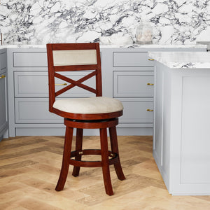 English Elm 24" Counter Height Swivel Stool with Slat Back, Bonded Leather Seat, Solid Hardwood Frame, Durable Cherry B04660708