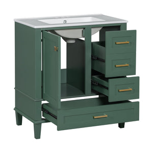 English Elm 30" Modern Bathroom Vanity with Solid Wood Frame, Ceramic Sink, Gold Handles & Soft-Close Storage Green WF321698AAF