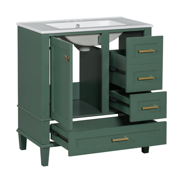 English Elm 30" Modern Bathroom Vanity with Solid Wood Frame, Ceramic Sink, Gold Handles & Soft-Close Storage Green WF321698AAF