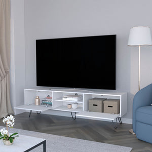 English Elm White White Hairpin Leg TV Rack with 55" Top, 2 Drawers, Open Shelves & Cable Management, Modern Chic B062P175186