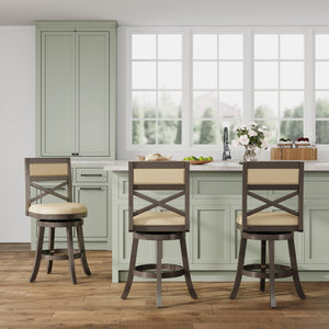 English Elm 24" Counter Height Swivel Stool - Farmhouse Style In Weathered Gray With French Gray Leather Seat B04660726