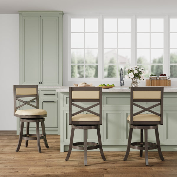 English Elm 24" Counter Height Swivel Stool - Farmhouse Style In Weathered Gray With French Gray Leather Seat B04660726