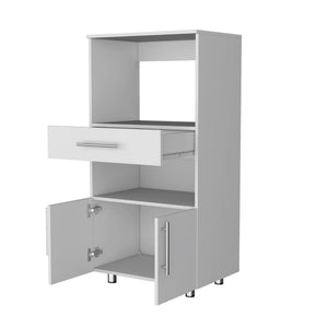 English Elm White Pantry Cabinet with Microwave Stand, Drawer, Open Shelf & Lower Cabinets — Sleek 48" White Finish B062P175202