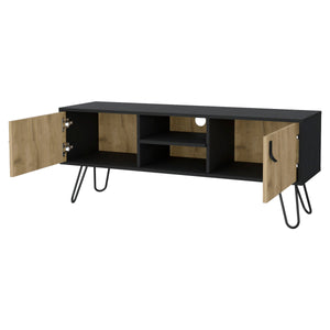 English Elm Wenge Hairpin Legs TV Rack with Macadamia Finish, 2 Doors, 4 Shelves, Cable Management, 47.6" B062P175180