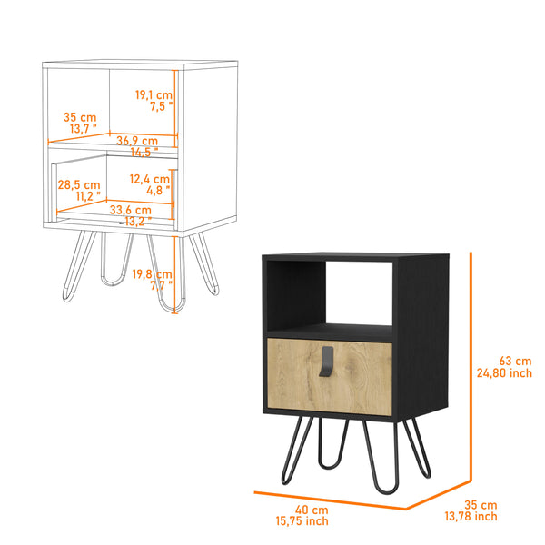English Elm Wenge Nightstand with Macadamia Finish and Hairpin Legs — Compact Drawer, Open Shelf, Stylish Bedside Storage (24.8"H x 15.75"W x 13.78"D) B062P175196