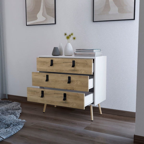 English Elm White 3-Drawer Dresser With Macadamia Accents - Modern Design For Compact Spaces & Stylish Storage B062P175198-GIGA