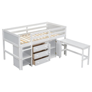 English Elm Twin Low Loft Bed with Pull Out Desk Drawers Cabinet and Shelves for Kids W697S00029