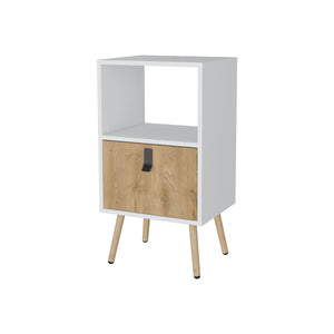 English Elm White Tall Nightstand with Macadamia Finish, Open Shelf & Deep Drawer on Wooden Legs for Bedrooms B062P175195