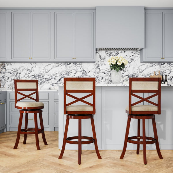 English Elm 30" 30" Bar Height X-Back Swivel Stool Cherry Finish with Beige Padded Fabric Seat, Solid Hardwood Frame B04660709