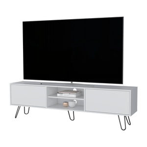 English Elm White White Hairpin Leg TV Rack with 55" Top, 2 Drawers, Open Shelves & Cable Management, Modern Chic B062P175186