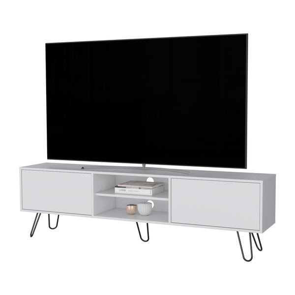 English Elm White White Hairpin Leg TV Rack with 55" Top, 2 Drawers, Open Shelves & Cable Management, Modern Chic B062P175186
