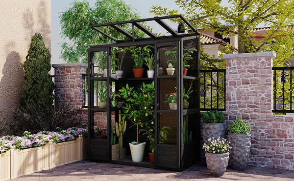 English Elm TOPMAX 78-inch Wooden Greenhouse Walk-In with 4 Skylights, 2 Folding Shelves & Anti-Fall Stability Black SP100017AAB