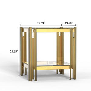 English Elm Modern Two Tier Tempered Glass End Table with Mirrored Stainless Steel Open Frame W1311P154229