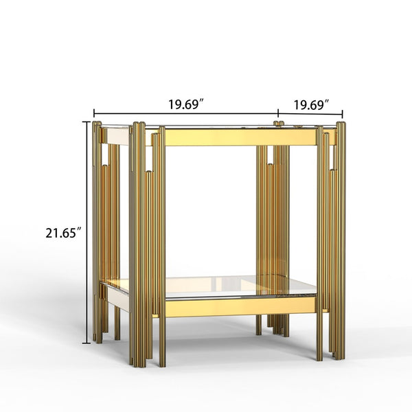 English Elm Modern Two Tier Tempered Glass End Table with Mirrored Stainless Steel Open Frame W1311P154229