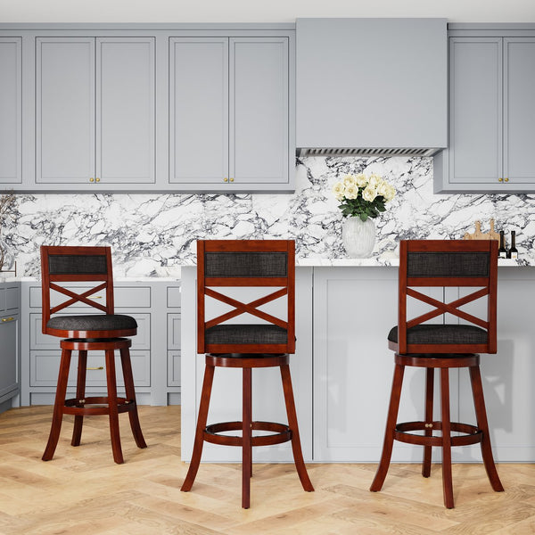 English Elm 30" Bar Height X-Back Swivel Stool - Cherry Finish, Charcoal Padded Seat, Perfect For Bars & Kitchens B04660711