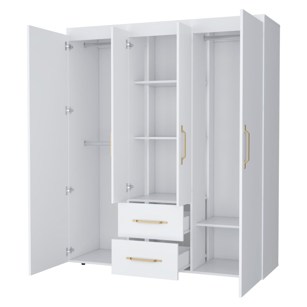 English Elm Stained Walnut Four Door Wardrobe with Rods Shelves and Drawers for Bedroom B062S01878