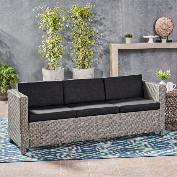 English Elm Christopher Knight Home® - PUERTA Outdoor 3-Seater Sofa with Weather-Resistant Cushions, Woven PE Rattan, Iron Frame, Modern Design 62979.00BLK