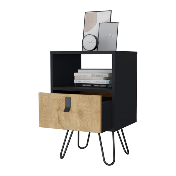 English Elm Wenge Nightstand with Macadamia Finish and Hairpin Legs — Compact Drawer, Open Shelf, Stylish Bedside Storage (24.8"H x 15.75"W x 13.78"D) B062P175196