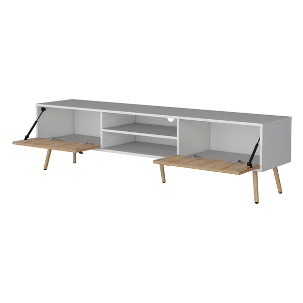 English Elm White White and Macadamia 2 Hinged Drawers TV Rack with Cable Management, Open Shelves, Modern Stand B062P175179
