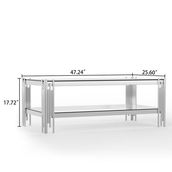 English Elm Top Tier Dual Shelf Tempered Glass Coffee Table with Mirror Polished Steel Frame W1311S00236
