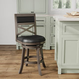 English Elm 24" Counter Height X-Back Swivel Stool, Weathered Gray Finish, Black Leather Seat