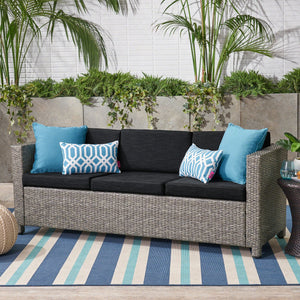 English Elm Christopher Knight Home® - PUERTA Outdoor 3-Seater Sofa with Weather-Resistant Cushions, Woven PE Rattan, Iron Frame, Modern Design 62979.00BLK