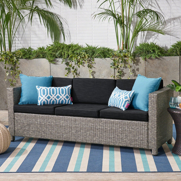 English Elm Christopher Knight Home® - PUERTA Outdoor 3-Seater Sofa with Weather-Resistant Cushions, Woven PE Rattan, Iron Frame, Modern Design 62979.00BLK