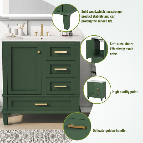 English Elm 30" Modern Bathroom Vanity with Solid Wood Frame, Ceramic Sink, Gold Handles & Soft-Close Storage Green WF321698AAF